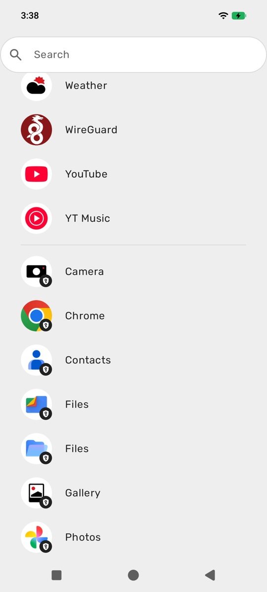 Private Space apps grouped at the end of the app list in Search.