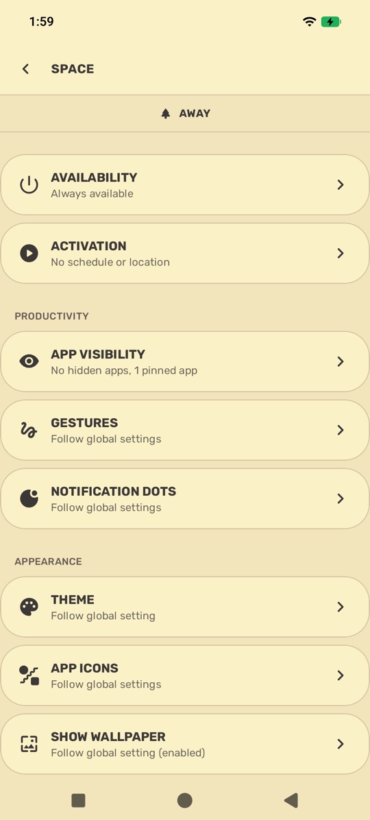 Space settings with the new Availability and Activation rows.